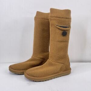 UGG Knit Sweater Boots w/ Pocket Chestnut Brown Sheepskin Lined Size 6 Fall Cozy